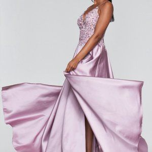 Prom Dress; Satin with beaded applique bodice with back lace-up & side pocket